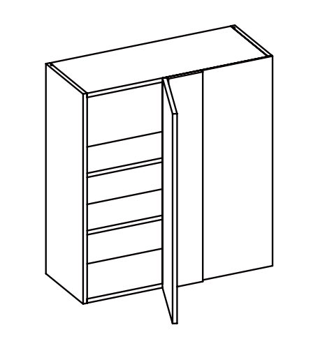 Line drawing of a cabinet with one door open showing shelves inside.